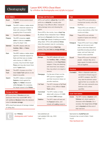 3 Lancer Cheat Sheets - Cheatography.com: Cheat Sheets For Every Occasion