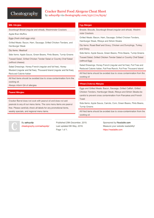 Cracker Barrel Food Alergens Cheat Sheet By Aahayslip Download Free From Cheatography Cheatography Com Cheat Sheets For Every Occasion