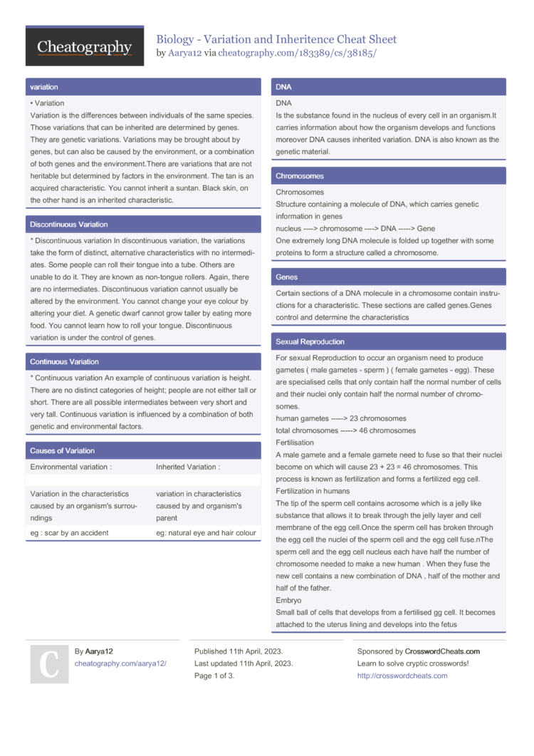 Biology - Variation and Inheritence Cheat Sheet by Aarya12 - Download ...