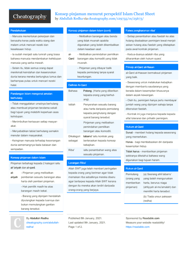 Konsep Pinjaman Menurut Perspektif Islam Cheat Sheet By Abdullah Redha Download Free From Cheatography Cheatography Com Cheat Sheets For Every Occasion