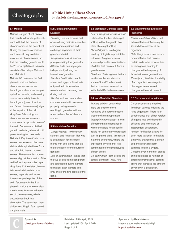 AP Bio Unit 5 Cheat Sheet by abrilolz Download free from Cheatography