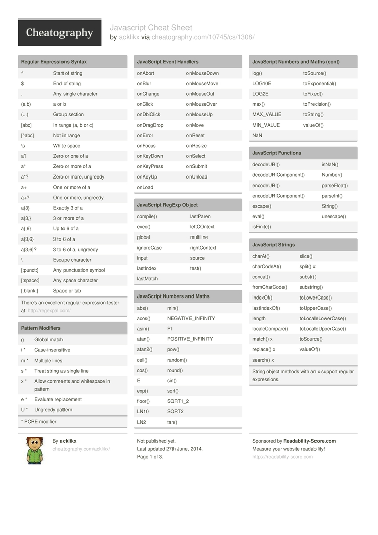 JavaScript Cheat Sheet by DaveChild - Download free from Cheatography -  : Cheat Sheets For Every Occasion