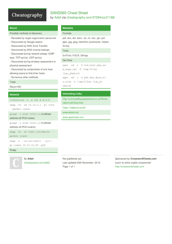 SANS560 Cheat Sheet by Adisf - Download free from Cheatography ...