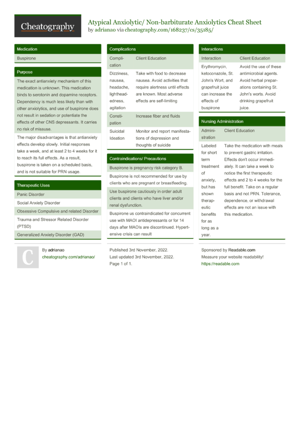 Atypical Anxiolytic/ Nonbarbiturate Anxiolytics Cheat Sheet by