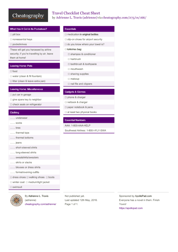 Travel Checklist Cheat Sheet by adrienne - Download free from ...
