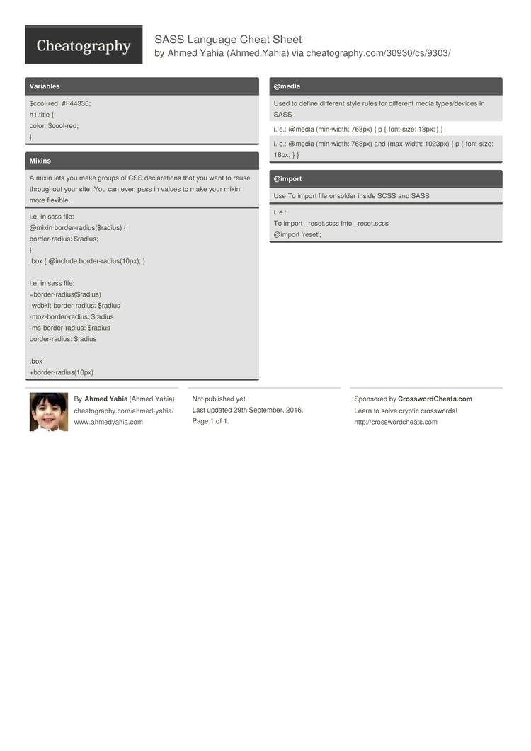 SASS Language Cheat Sheet by Ahmed.Yahia - Download free from Cheatography  - Cheatography.com: Cheat Sheets For Every Occasion