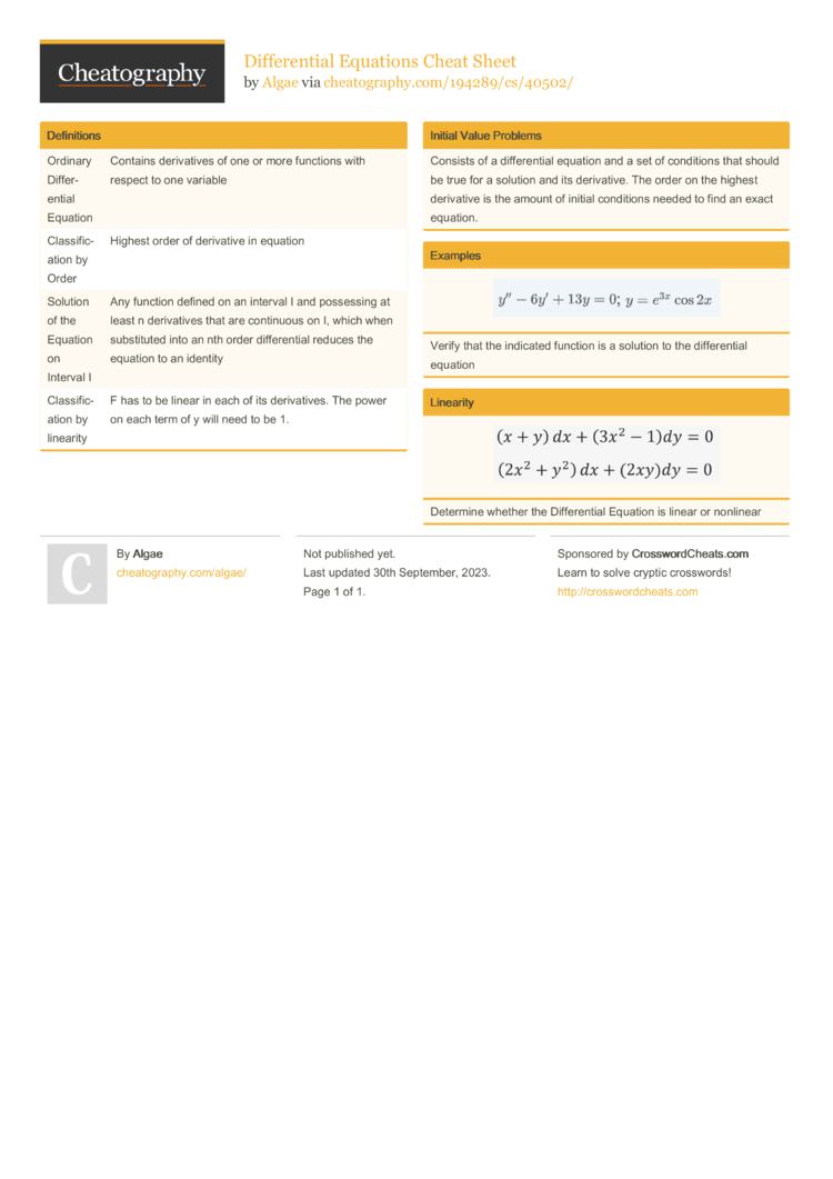 Differential Equations Cheat Sheet by Algae - Download free from ...