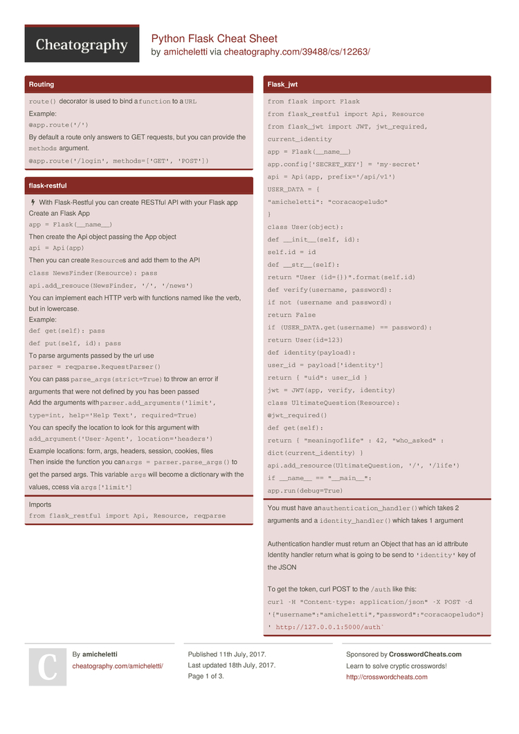 Python Flask Cheat Sheet by amicheletti - Download free from