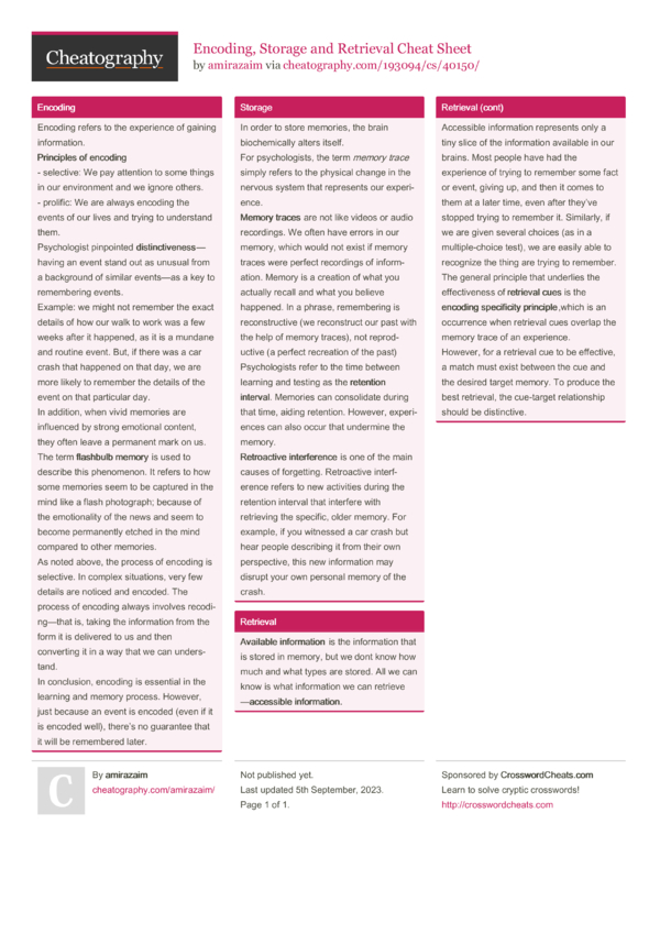 Encoding, Storage and Retrieval Cheat Sheet by amirazaim - Download ...
