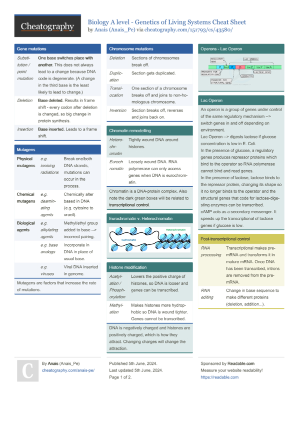 Biology A level - Genetics of Living Systems Cheat Sheet by Anais_Pe ...