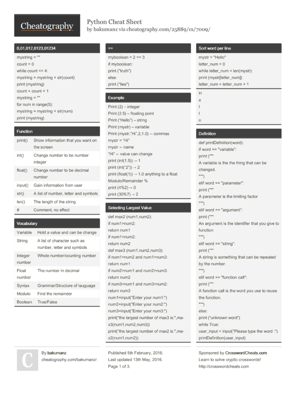 Python Cheat Sheet by bakumanz - Download free from Cheatography ...