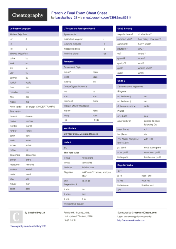 French 2 Final Exam Cheat Sheet by baseballboy123 - Download free from ...