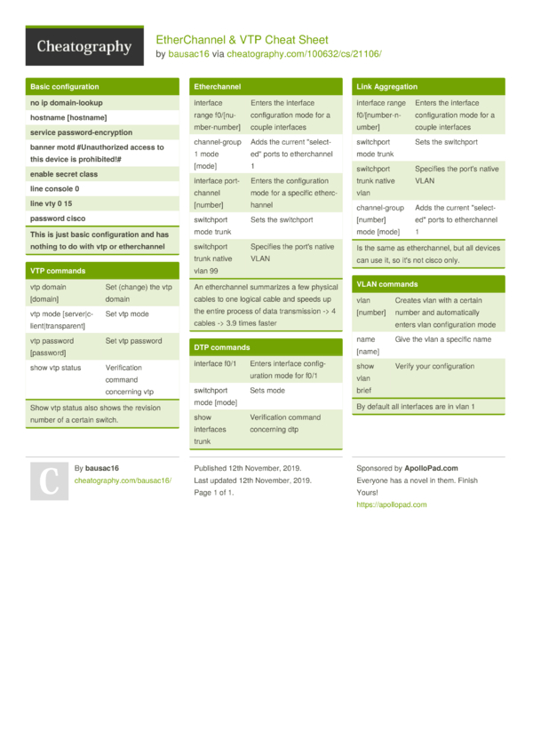 EtherChannel & VTP Cheat Sheet by bausac16 - Download free from ...