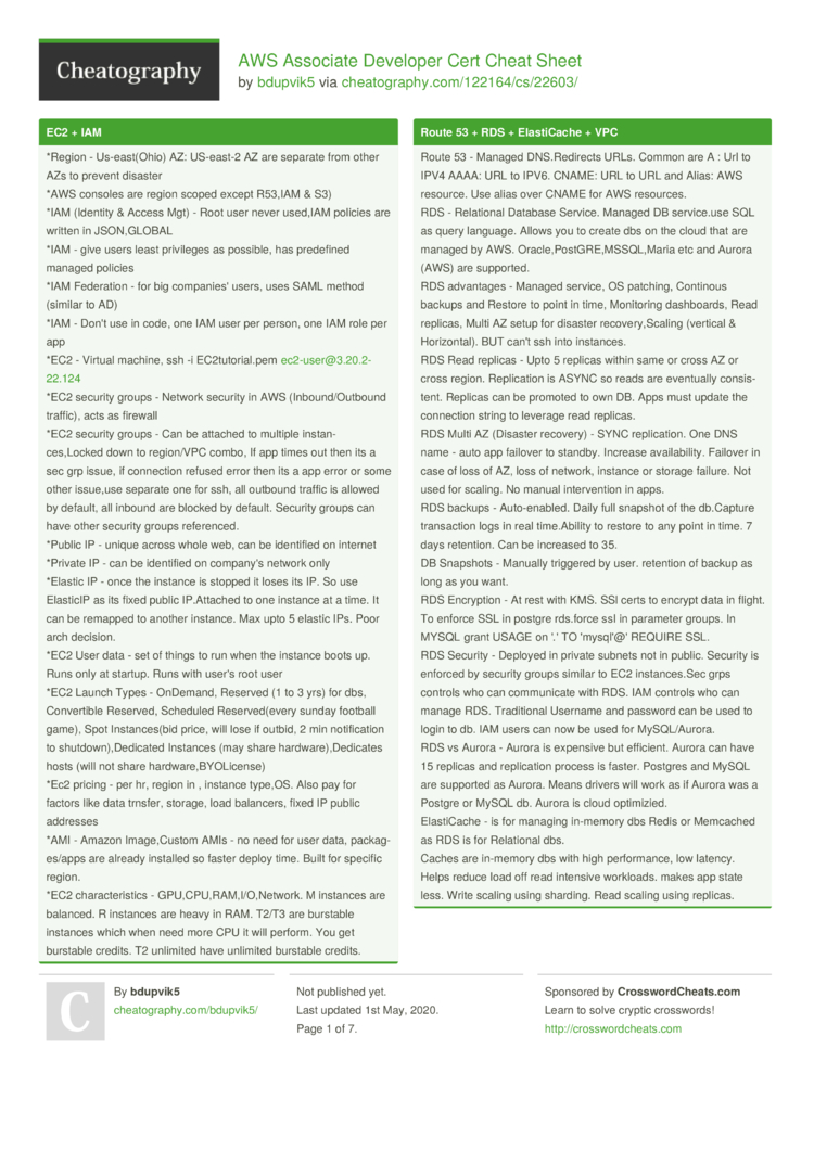 AWS Associate Developer Cert Cheat Sheet by bdupvik5 - Download free from  Cheatography - Cheatography.com: Cheat Sheets For Every Occasion