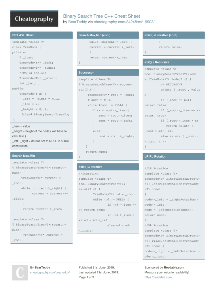 Binary Search Tree C++ Cheat Sheet by BearTeddy - Download free from ...