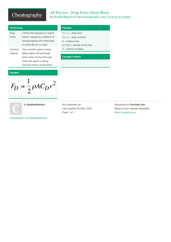 Ap Physics Drag Force Cheat Sheet By Beeboobopnerd Download Free