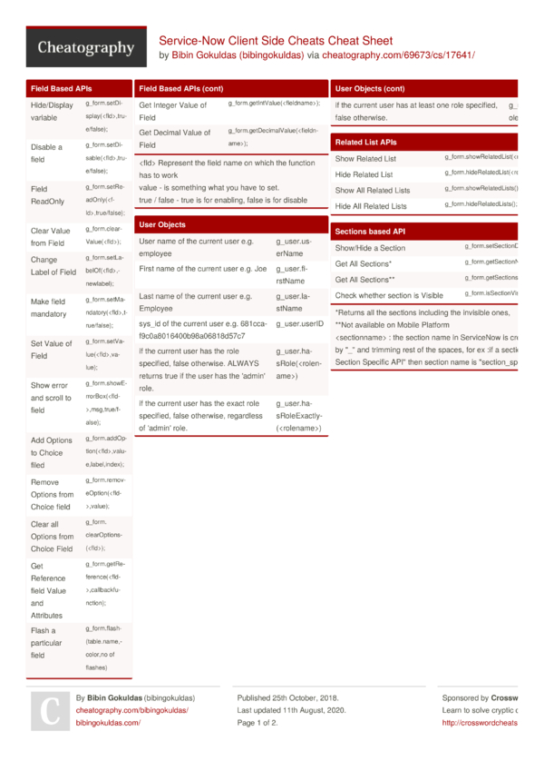 ServiceNow Client Side Cheats Cheat Sheet by bibingokuldas Download