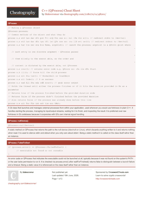 C++ (QProcess) Cheat Sheet by blakecromar - Download free from ...