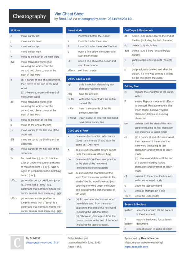 Vim Cheat Sheet by Bob1212 - Download free from Cheatography ...