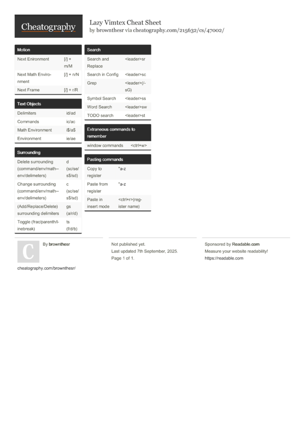 Lazy Vimtex Cheat Sheet by brownthesr - Download free from Cheatography ...