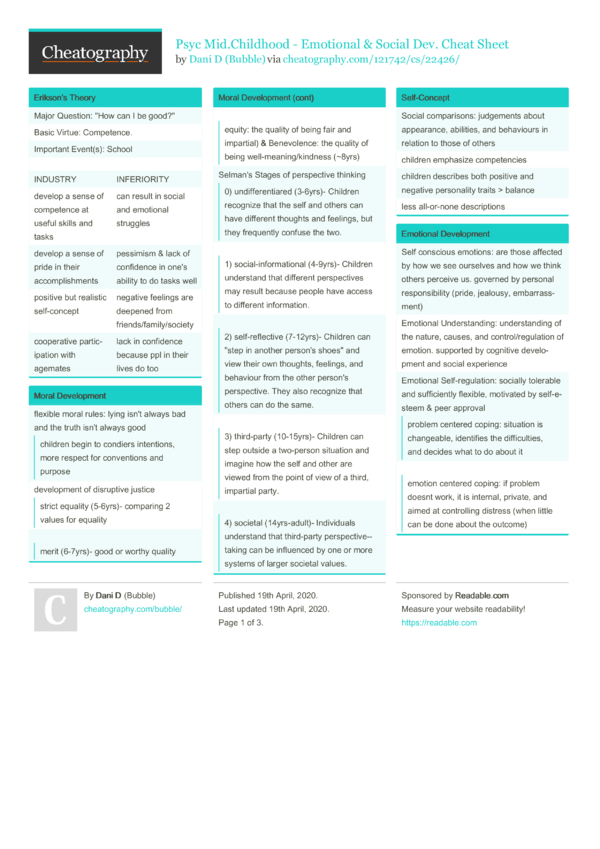Psyc Mid.Childhood - Emotional & Social Dev. Cheat Sheet by Bubble ...