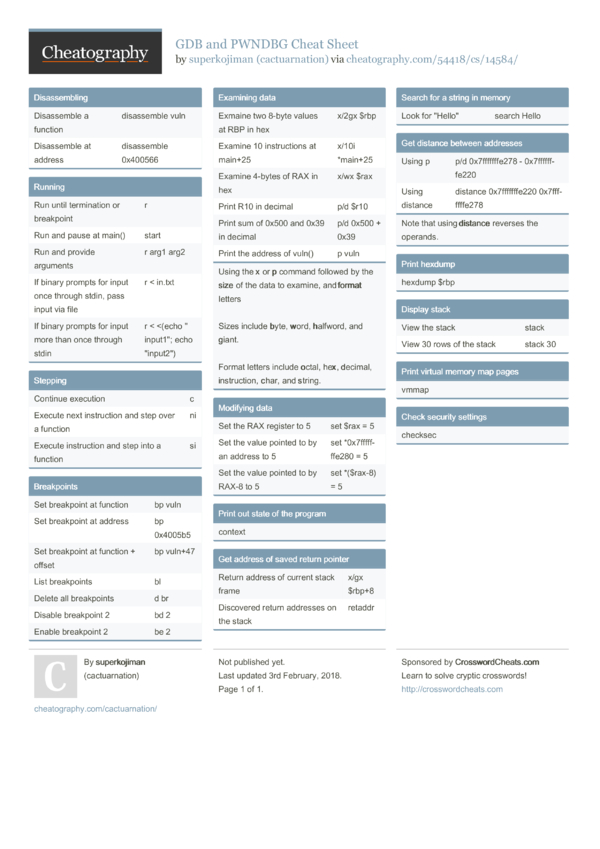 GDB and PWNDBG Cheat Sheet by cactuarnation - Download free from ...