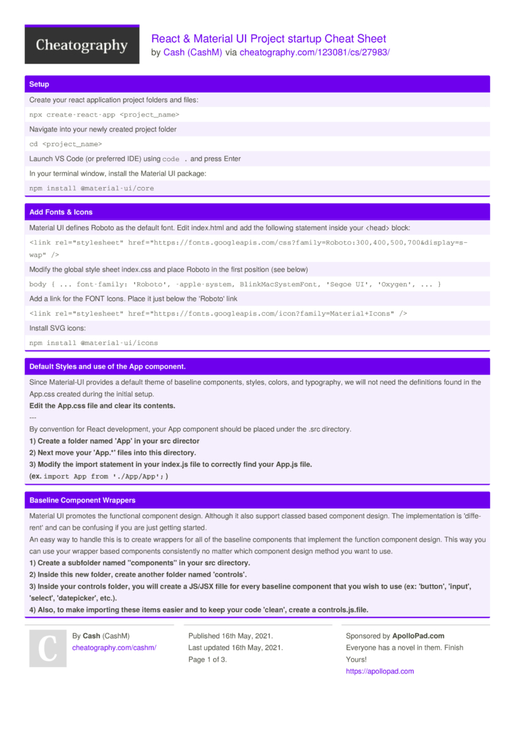 Download React Material Ui Project Startup Cheat Sheet By Cashm Download Free From Cheatography Cheatography Com Cheat Sheets For Every Occasion