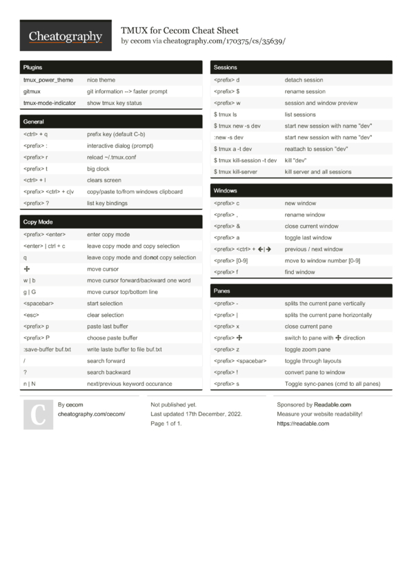 TMUX for Cecom Cheat Sheet by cecom - Download free from Cheatography ...