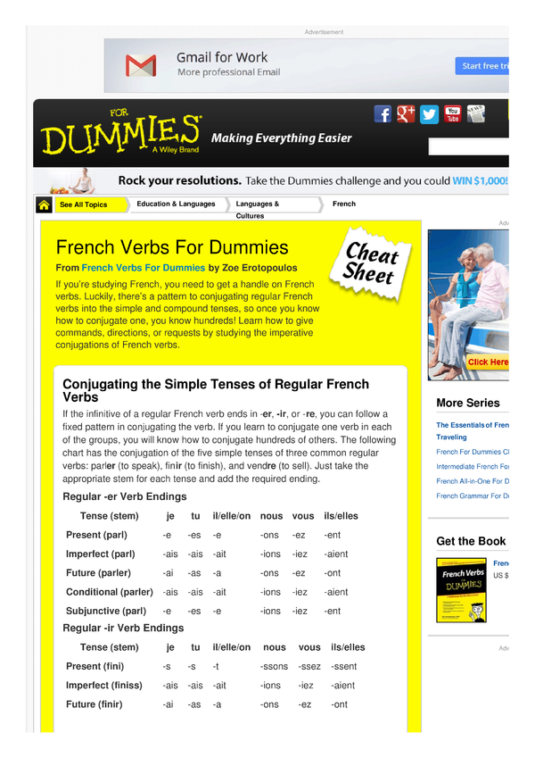 French Verbs For Dummies Cheat Sheet By Cheatography Download Free 