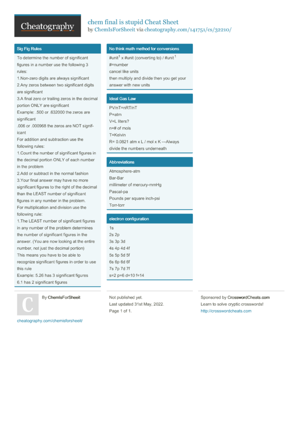 chem final is stupid Cheat Sheet by ChemIsForSheeit - Download free ...