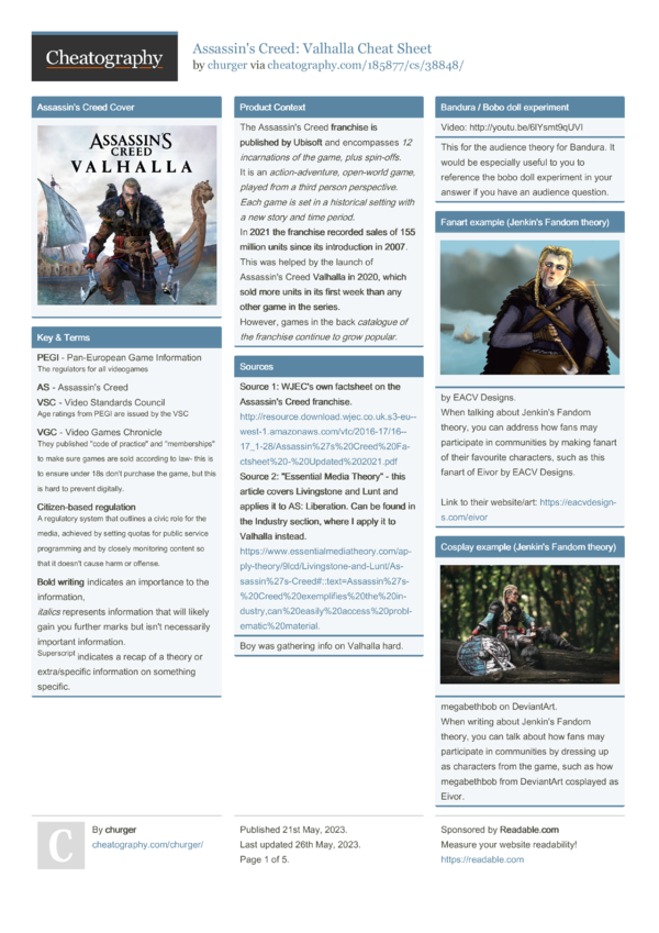 Assassin's Creed Valhalla Cheat Sheet by churger Download free from