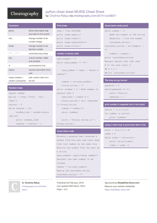 python cheat sheet MUIDS Cheat Sheet by Chutima Rakyu - Download free ...