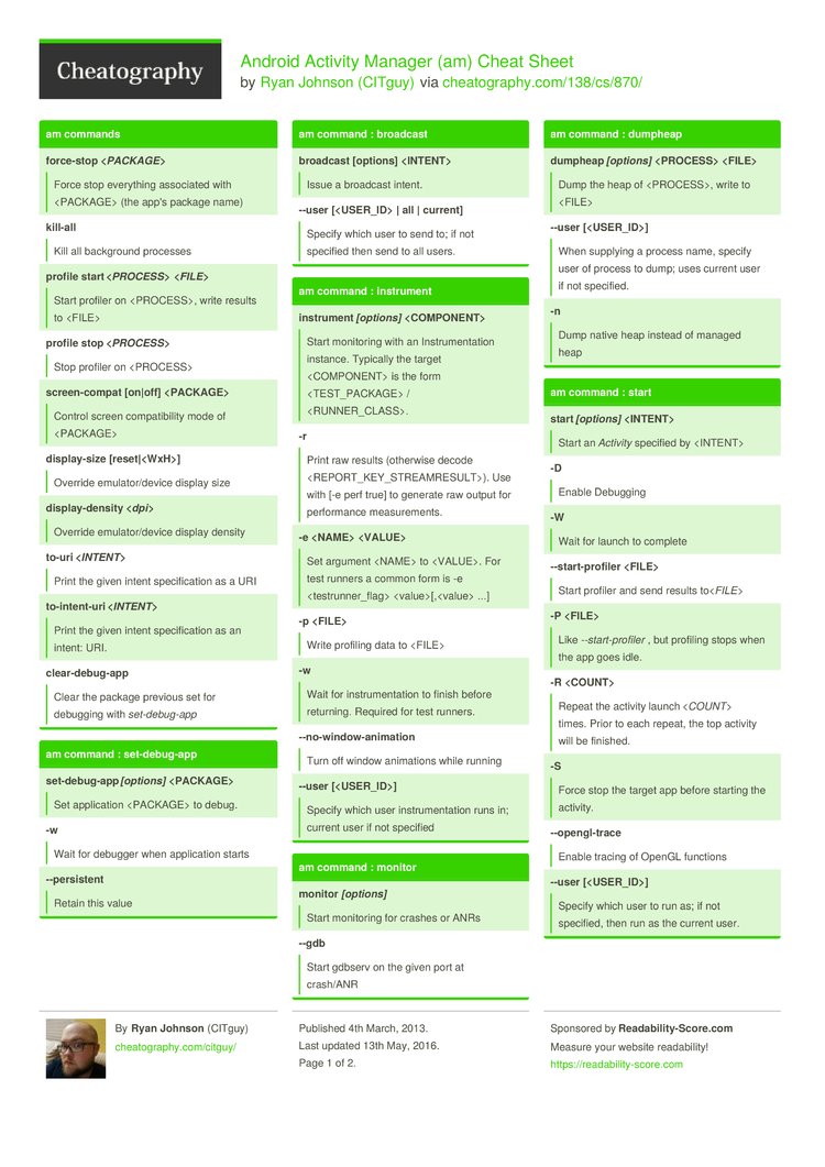 Android Activity Manager (am) Cheat Sheet by CITguy - Download free from  Cheatography : Cheat Sheets For Every Occasion
