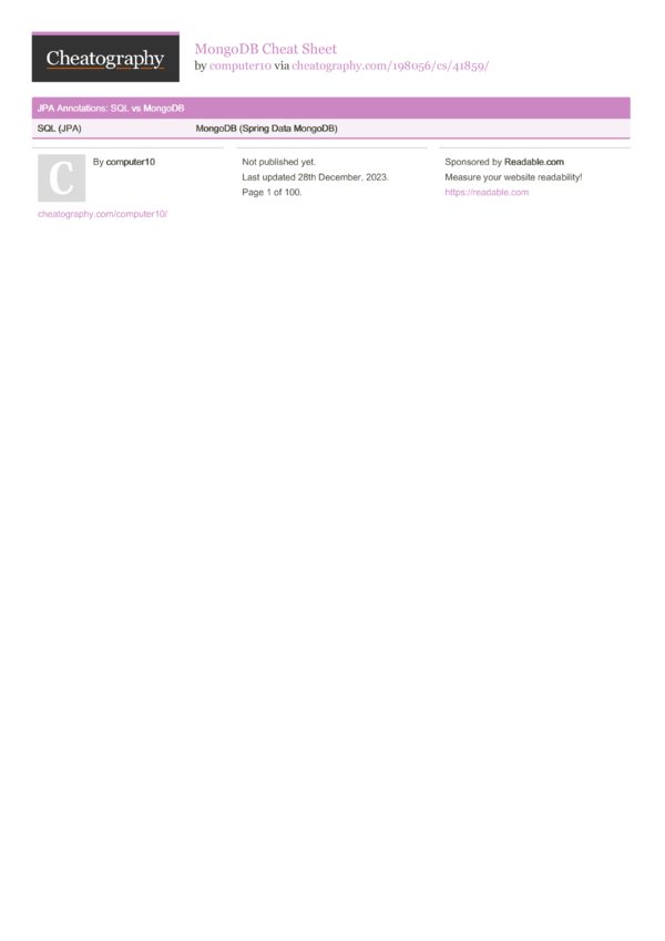 MongoDB Cheat Sheet by computer10 - Download free from Cheatography ...