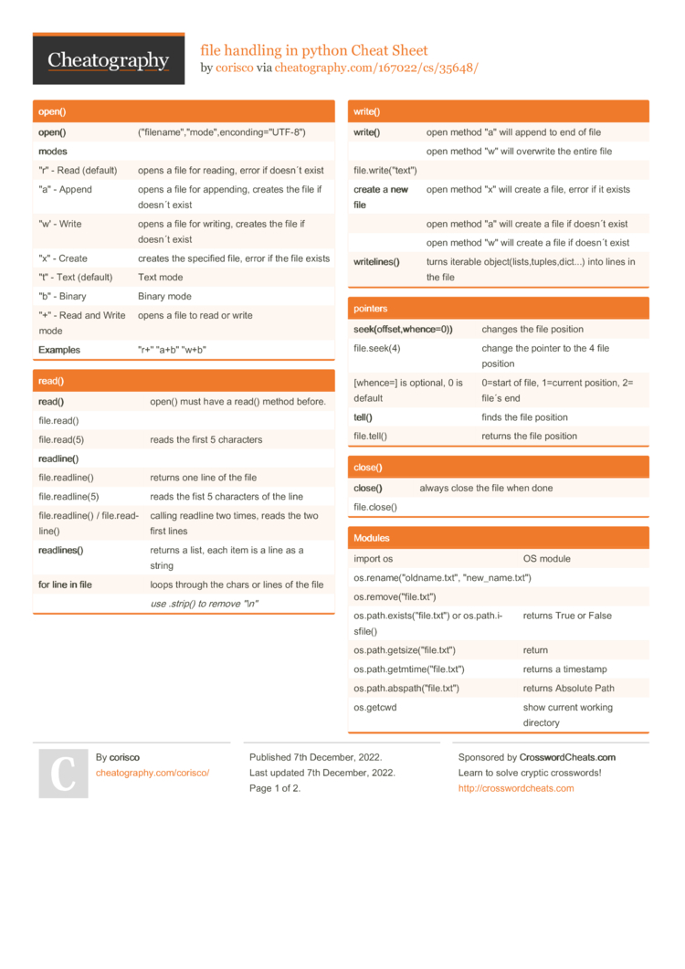 file handling in python Cheat Sheet by corisco - Download free