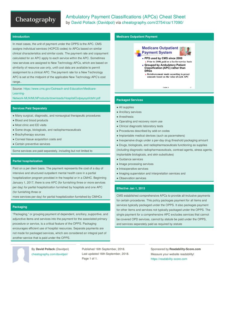 Ambulatory Payment Classifications (APCs) Cheat Sheet by Davidpol ...