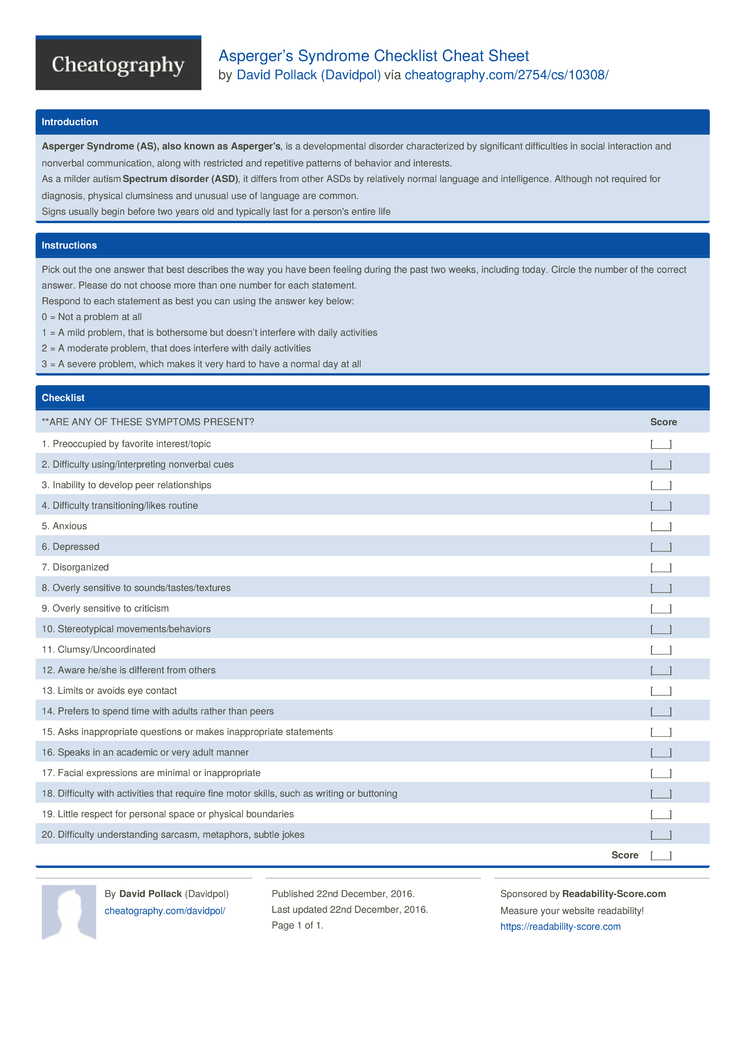 Asperger’s Syndrome Checklist Cheat Sheet by Davidpol