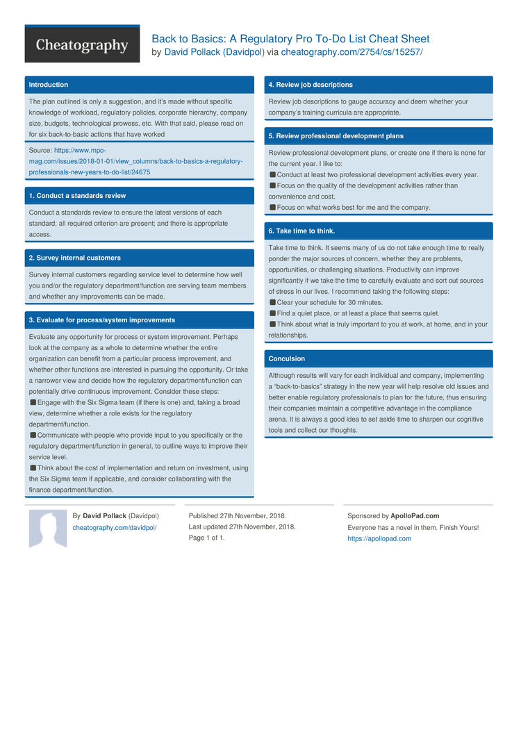 back to basics a regulatory pro to do list cheat sheet by davidpol