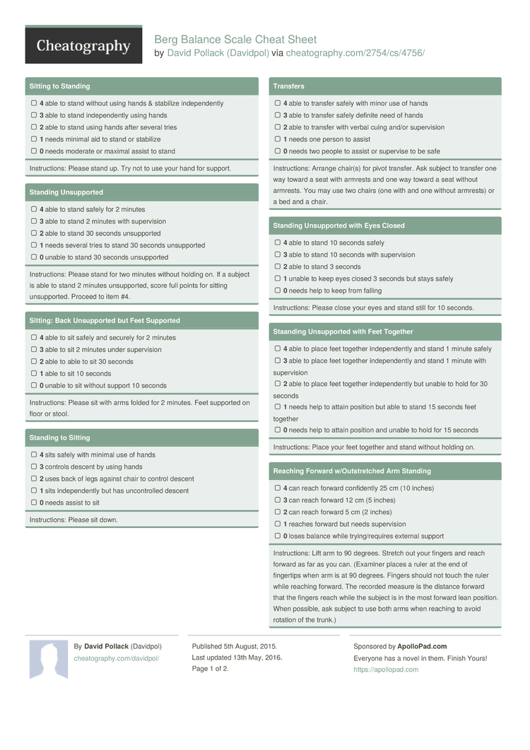 Berg Balance Scale Cheat Sheet by Davidpol Download free from