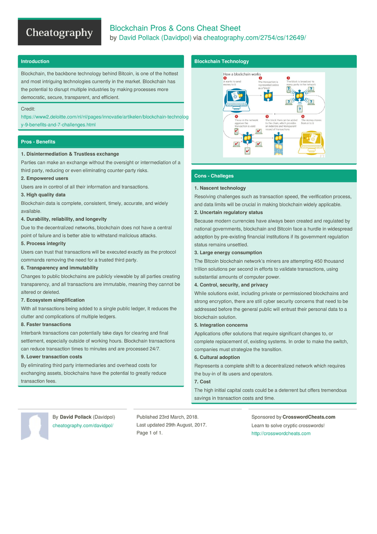 Blockchain Pros & Cons Cheat Sheet by Davidpol - Download free from ...