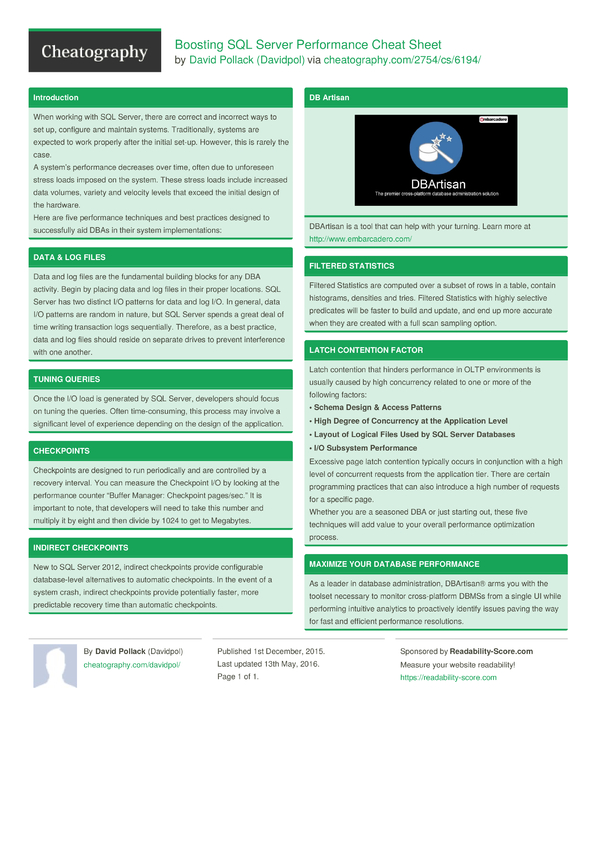 Boosting SQL Server Performance Cheat Sheet by Davidpol - Download free