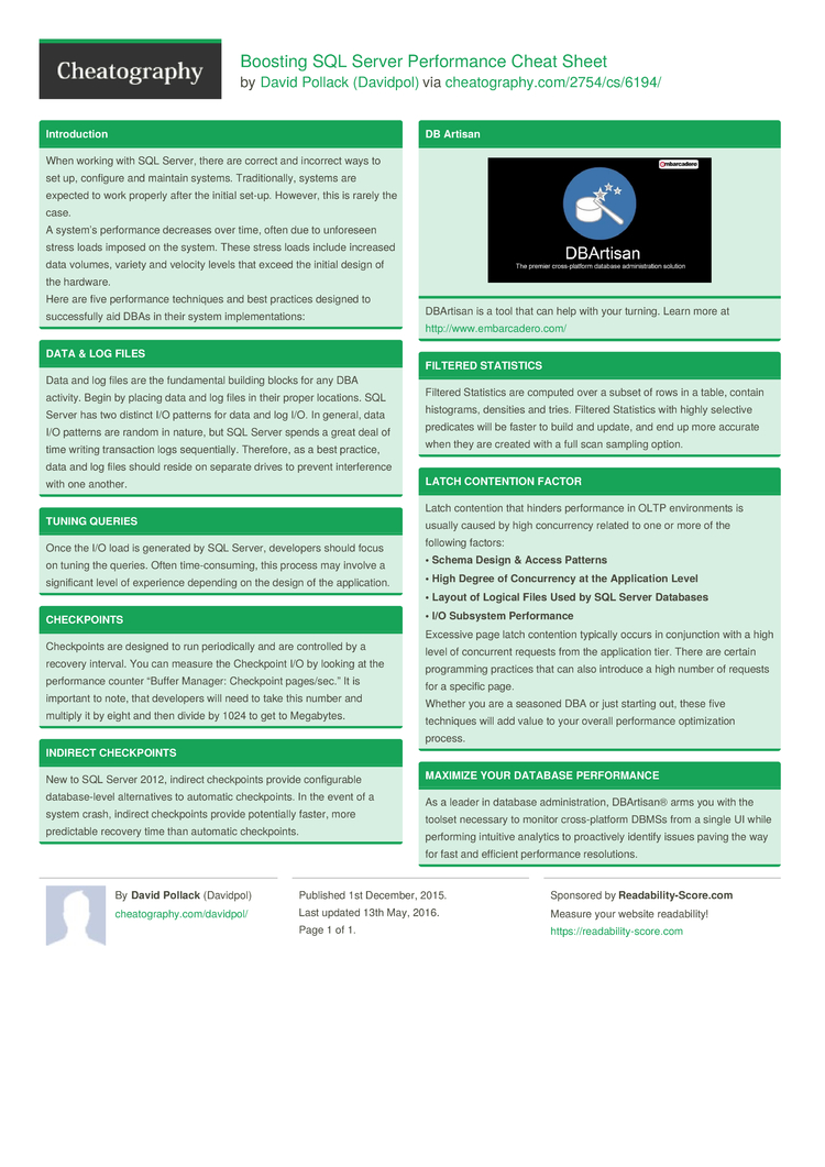 boosting sql server performance cheat sheet by davidpol download sql server cheat sheet