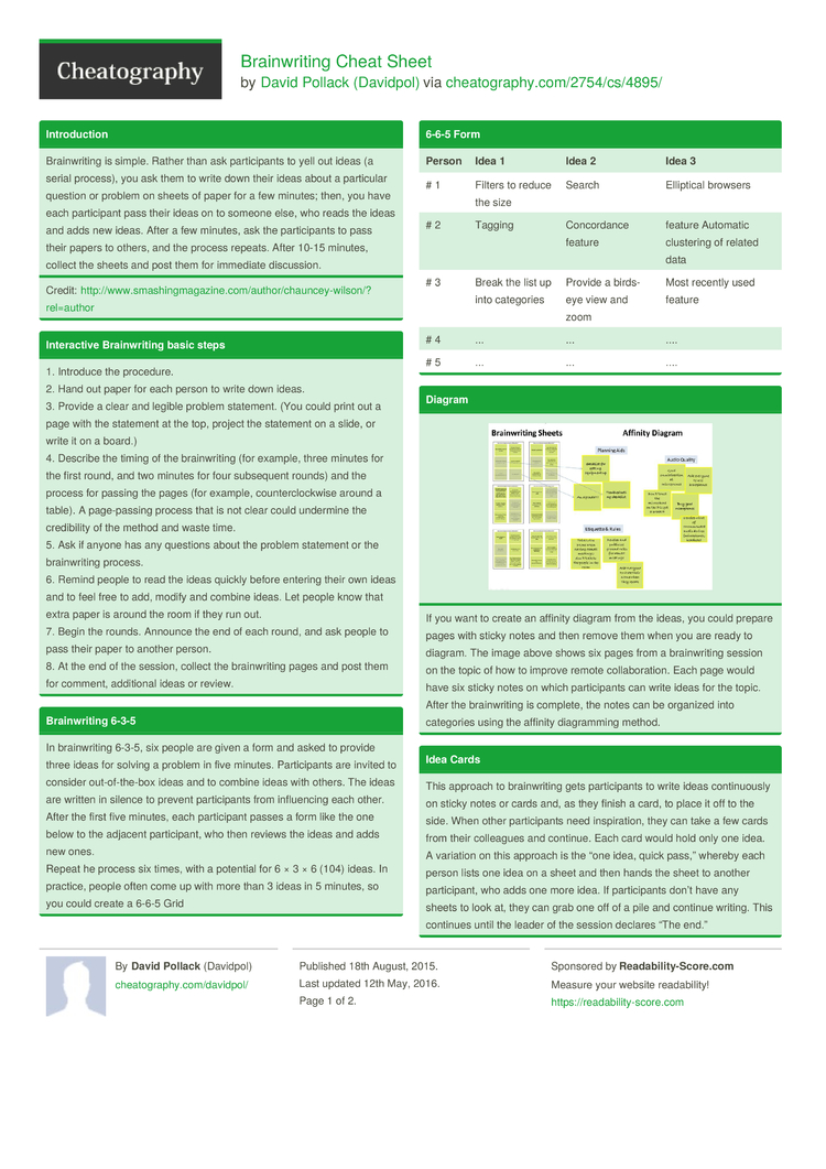 Brainwriting Cheat Sheet by Davidpol - Download free from Cheatography ...