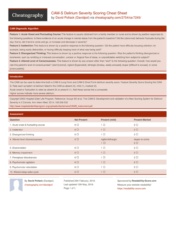 CAMS Delirium Severity Scoring Cheat Sheet by Davidpol Download free