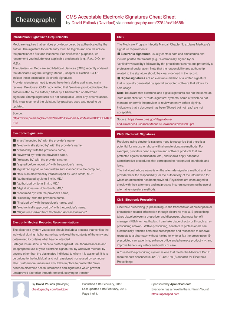 CMS Acceptable Electronic Signatures Cheat Sheet by Davidpol - Download ...