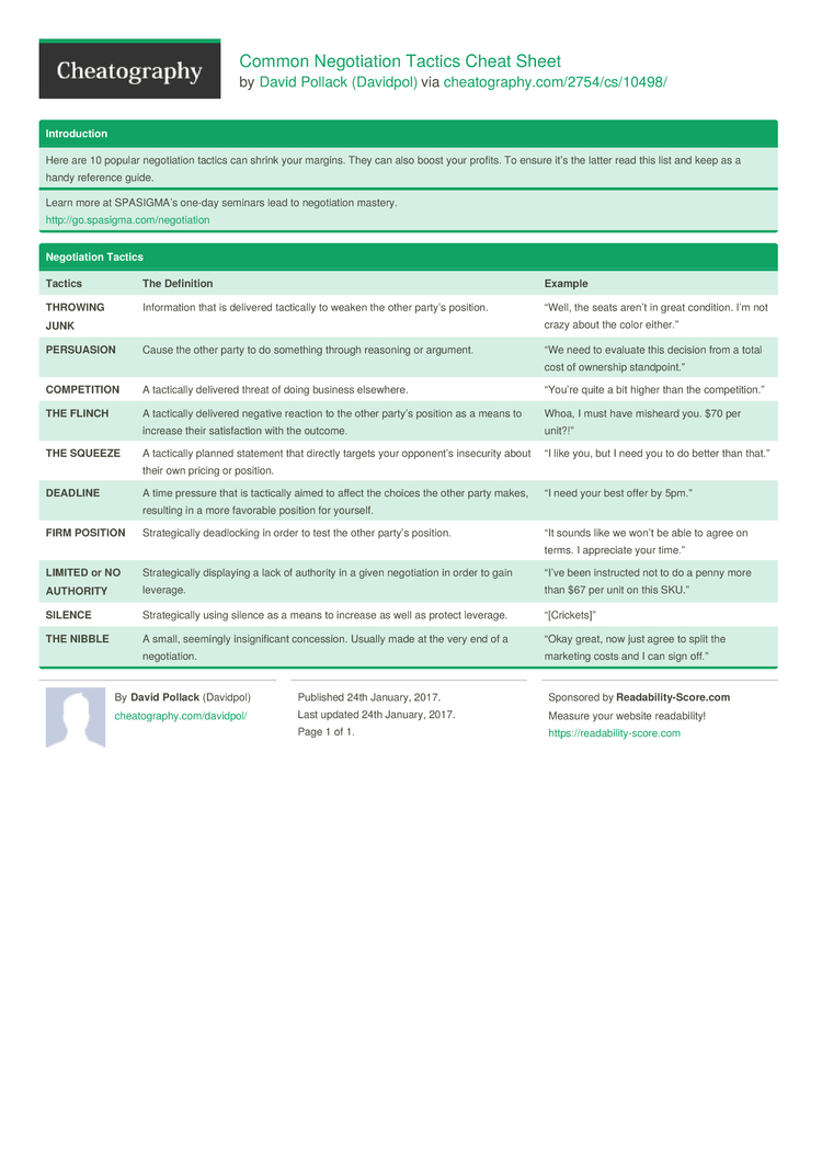 Common Negotiation Tactics Cheat Sheet by Davidpol - Download free from ...