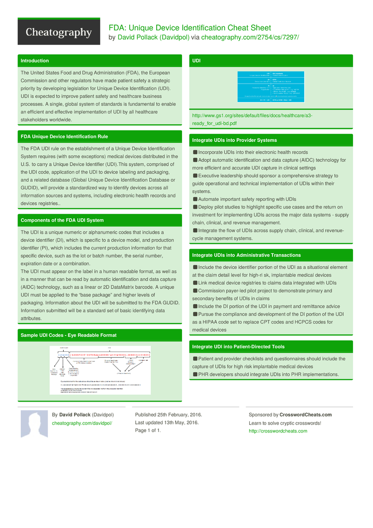 FDA: Unique Device Identification Cheat Sheet by Davidpol - Download ...