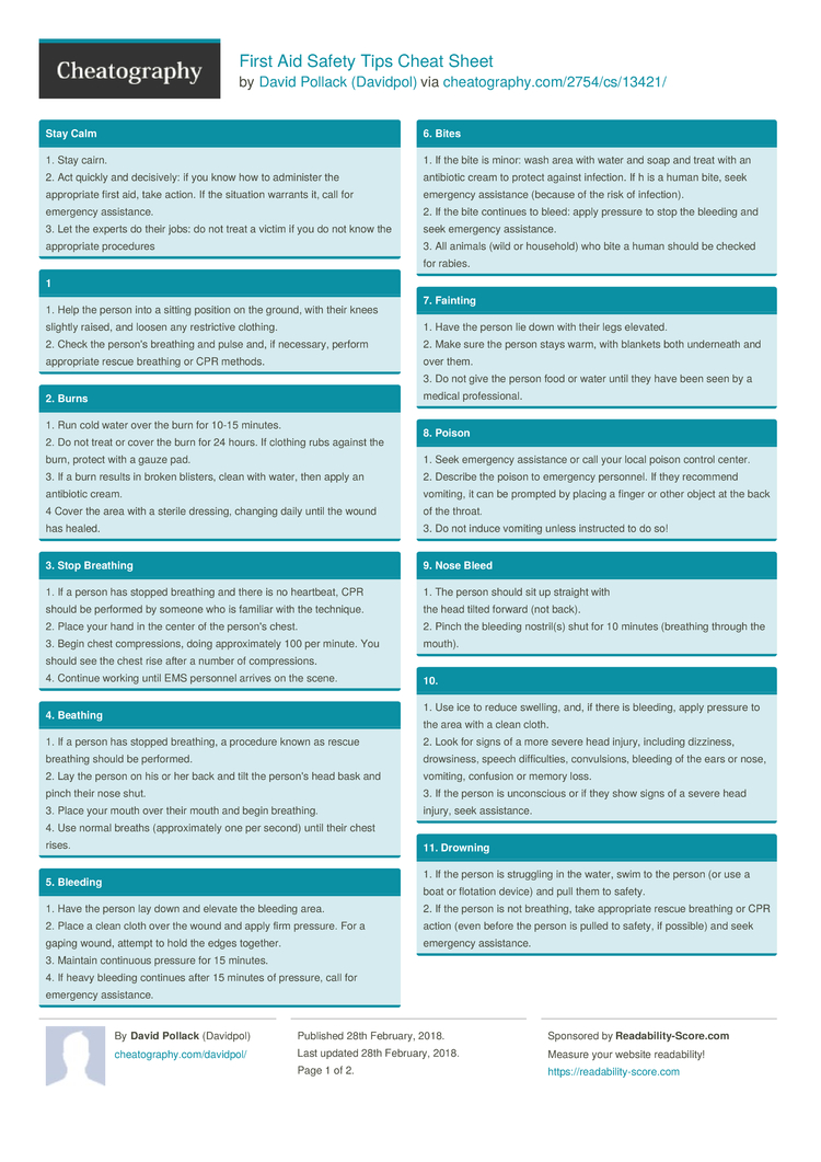 First Aid Safety Tips Cheat Sheet by Davidpol - Download free from ...