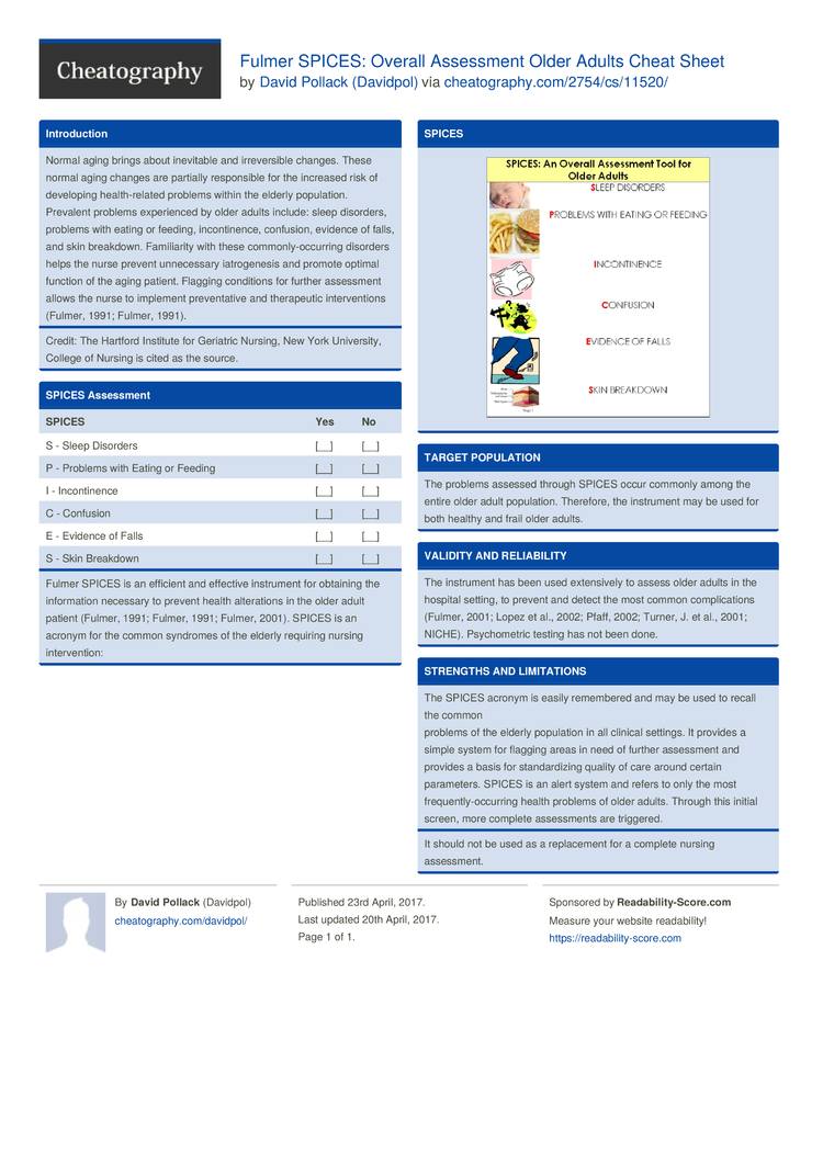 Fulmer SPICES Overall Assessment Older Adults Cheat Sheet by Davidpol