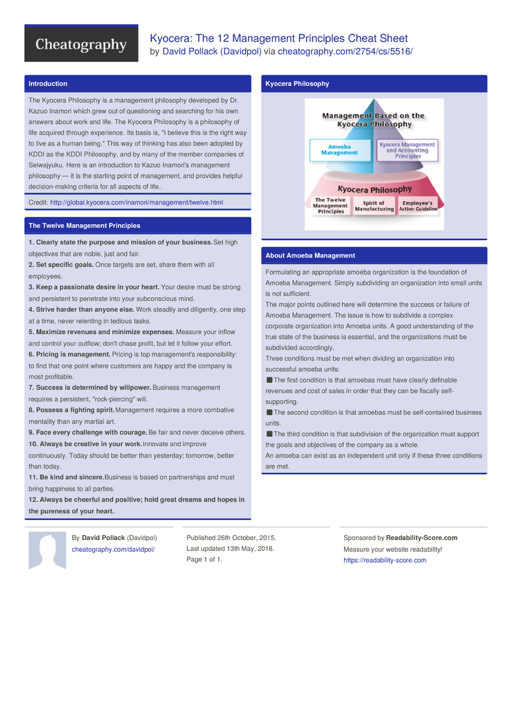 Kyocera: The 12 Management Principles Cheat Sheet by Davidpol ...